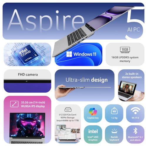 Image of Acer Aspire 5, Intel Core Ultra 5 125H Processor,Office 2024 + M365 Basic, 16 GB RAM, 512 GB SSD, WUXGA IPS, 14.0 inch /35.56 cm, Win 11 Home, Pure Silver, 1.2 kg, A514-54H, Backlit KB, Premium Laptop