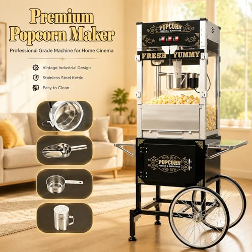 Image of Popcorn Machine With Cart - 28oz Kettle Popcorn Makers With Heating, Stainless Steel Kettle & Cart Wheels, For Commercial School, Church, Carnival, Birthday Parties, Events, Movie Theater, Black