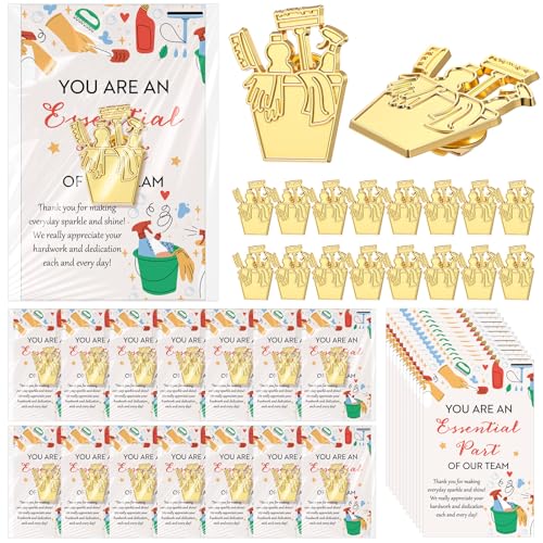 Housekeeper Appreciation Gifts Broom Gold Lapel Pin with Thank You Cards Self Sealing Bags Housekeeping Week Gifts for Housekeepers Cleaner Staff Janitorial Cleaning Lady