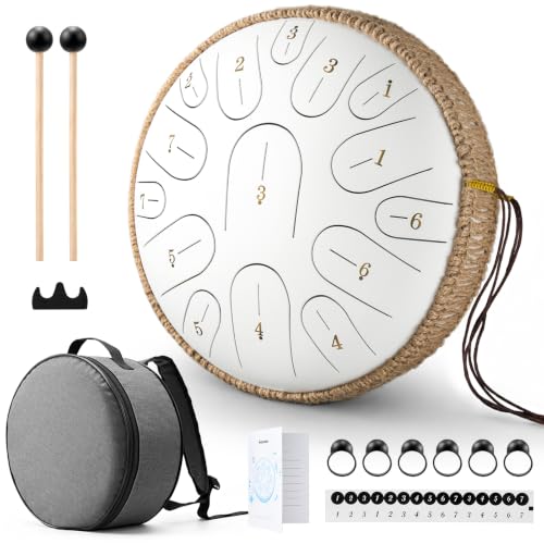 Donner Steel Tongue Drum, 12 Inches 15 Notes Handpan Drum with Mallets, Music Book and Carry Backpack, Hand Pan for Adults with Finger Picks and Note Stickers, Gift Idea with Greeting Card, White - image 1