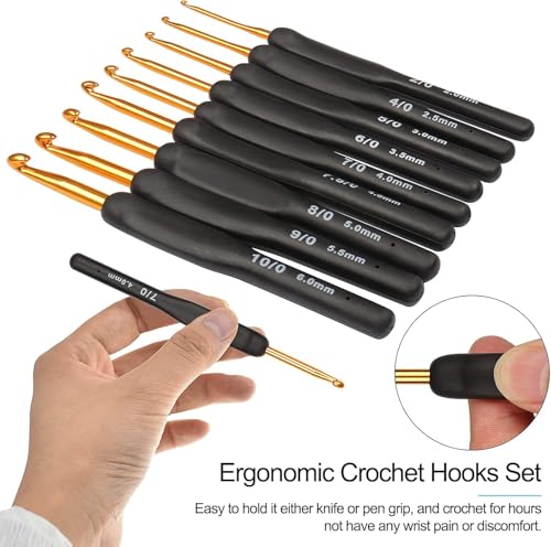 Image of VIRADHAM Black Gold Crochet Hooks Needles for Arthritic Hands, Crochet Hook Set Ergonomic Soft Grips Knitting Hook for Crochet Yarn Craft, Aluminum Knitting Crochet Supplies Kit for Knitter (m)