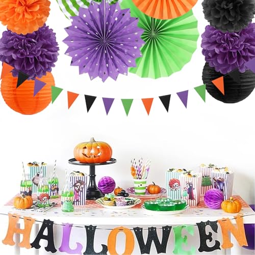 Image of Black Purple Orange-Green Halloween Party-Decorations - 20pcs Paper Lanterns Fans,Tissue Pom Poms,Honeycomb Balls,Hotel Transylvania Hocus Pocus Birthday Baby Bridal Shower Wedding Decor Burgleda