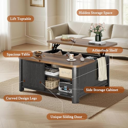 Image of Decofy Lift Top Coffee Table with Storage, Square Coffee Table with Large Hidden Storage & Adjustable Shelves, Farmhouse Center Table with Sliding Door for Living Room, Home Office, Black