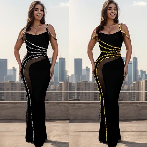 Image of Nagfar Women's Sexy Rhinestone Dresses Spaghetti Strap Halter Mesh Long Dress Birthday Party Club Night Outfit(S7027-Gold-S)