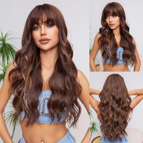 YOUGRACE Long Mixed Brown Wig with bangs Curly Wavy Brown Wigs for Women 26 Inch Natural Synthetic Heat Resistant Fiber Wig for Daily Party Use(Mixed Brown)