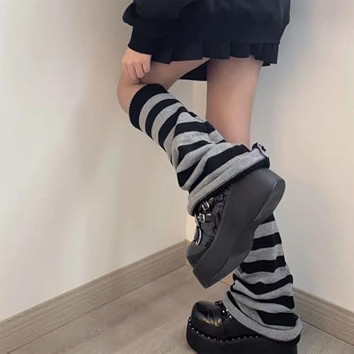 FeMereina Leg Warmers for Women 80s 90s Goth Leg Warmer Girls Kawaii Japanese Style Knit Striped Leg Warmers Y2K Leg Sleeves (Stripes - Grey, One Size) - Image 6