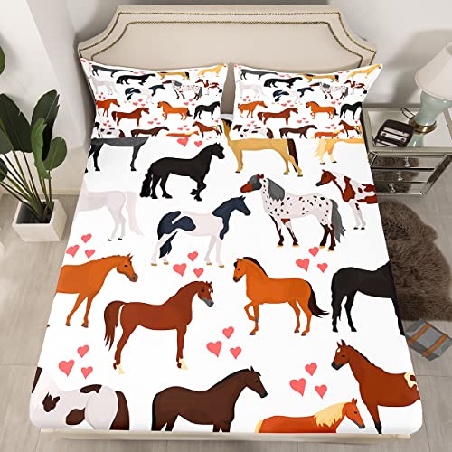 Erosebridal Horse Bed Sheets Twin Size Farm Sheet Set Kids Boys Girls Teens Cute Animal Bedding Set Cartoon Horses With Pink Lover Heart Decor Kawaii Fitted Sheet Cowboy Cowgirls Flat Sheet 3Pcs #TOP1