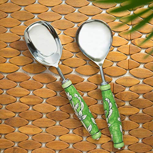 ExclusiveLane”The Mughal Zahri” Hand-Painted Serving Spoon Set Fancy in Stainless Steel & Ceramic (Set of 2) – Vegetable Dal Rice Serving Spoons for Dinner Set Cutlery Set for Dining Table Serveware