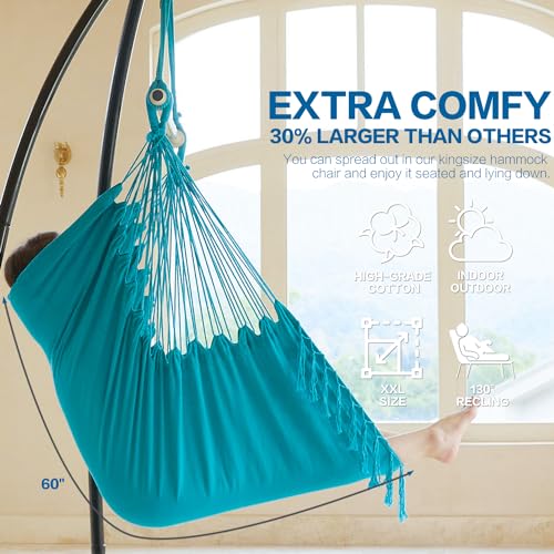 PNAEUT Hammock Chair Swing with Handmade Tassel, Hand-Crafted Hanging Indoor and Outdor (Aqua)