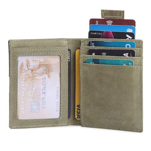 Bbelleco Genuine Leather Slim Wallet | RFID Blocking Skinny Minimal Thin Front Pocket Wallet Sleeve Card Holder for Men | 9 Card Slots, 1 ID Window, Card Puller, 2 Hidden Pocket (Parrot Green)2