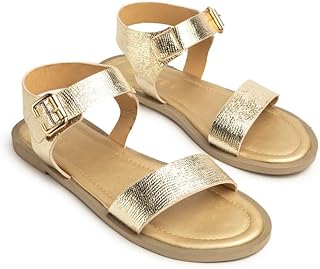 صنادل نسائية مسطحة "Anuket" من BASTET ؟ حزام كاحل بإبزيم محكم مع مقدمة مفتوحة؟ نعل إسفنجي مبطن - المقاس