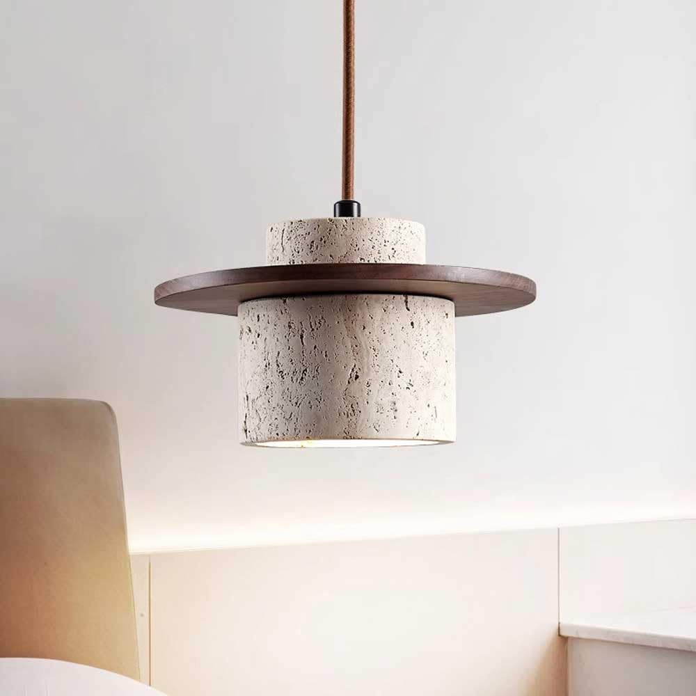 Style japonais moderne travertin suspension Wabi Sabi pierre suspension réglable en bois cuisine îlot luminaire mini cylindre éclairage suspendu pour restaurants, chambre à coucher, lustre E27