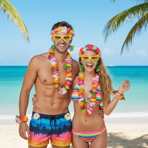 Hawaiian Outfits Accessories Set for Women, 8 PCS Hawaii Hula Costume Accessory with Tropical Flower Crown, Hibiscus Hair Clip, Leis, Bracelet, Earring and Sunglasses for Summer Beach Party Favors