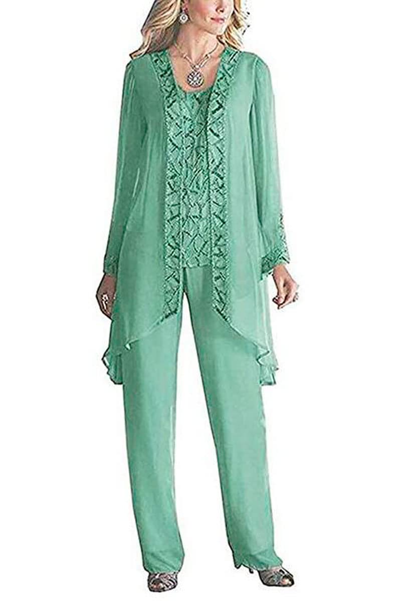 Botong Women's Mint 3 Pieces Chiffon Dress Mother Of The Bride Pants Suits With Beaded Jacket Wedding Outfit Evening Gown Uk18