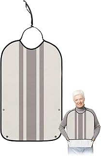 QueenKer Funny Adult Bibs for Eating, Farmhouse Gray Sripes Cream Background Waterproof Clothing Protector Washable Adult Bib with Crumb Catcher for Men Women Elderl and Seniors