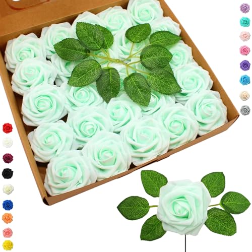 COSORO 25 Piezas Rosas Artificiales Verde Claro,Flores Artificiales Decoracion Cumpleaños Bodas Fiestas Jardín Hogar,Rosas Falsas de Espuma con Tallo Regalos para Manualidades San Valentín Mujeres