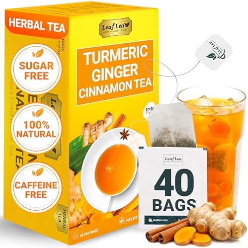 LeafLea Turmeric Ginger Cinnamon Tea Bags, 40 Ct Caffeine-Free Herbal Tea