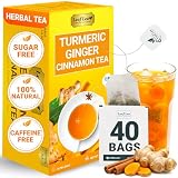 LeafLea 40 Turmeric Ginger Cinnamon Tea Bags, 100% Natural Ingredients Herbal Tea, Turmeric Ginger Herbal Blend for Wellness, Vegan, No Sugar, Caffeine-Free, Individually Wrapped for Freshness