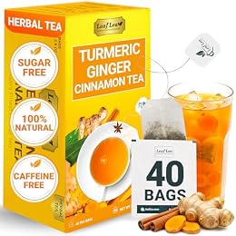 LeafLea 40 Turmeric Ginger Cinnamon Tea Bags, 100% Natural Ingredients Herbal Tea, Turmeric Ginger Herbal Blend for Wellness, Vegan, No Sugar, Caffeine-Free, Individually Wrapped for Freshness