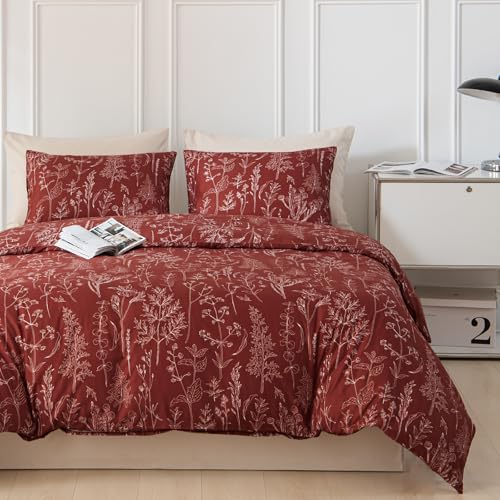 Image of Lekesky Floral Duvet Cover Queen Size, Deep Red Duvet Cover Queen Plant Flowers Pattern Bedding Set for All Season, Soft Breathable Comforter Cover with Zipper Closure & Corner Ties