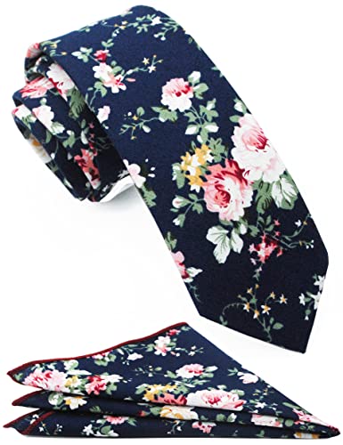 Zenxus Mens Cotton Skinny Navy Floral Tie Combo Set With Pocket Square #TOP21