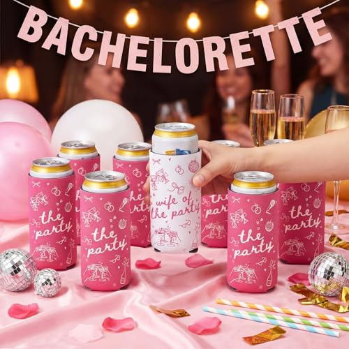 Image of SiliFine 12 Pcs Bachelorette Party Can Sleeves Bulk Coquette Bachelorette Decoration Cowgirl Can Sleeves for Bridal Shower Gifts(3.5 x 5.5 Inches, Wife of the Party)