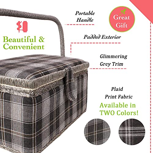 Sewing Basket With Floral Print Design - Sewing Kit Storage Box With Removable Tray, Built-In Pin Cushion And Interior Pocket - By Adolfo Design (Large - 12" X 9" X 6", Dark Gray Plaid) #TOP2