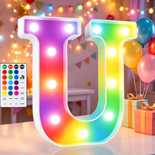 Image of LED Marquee Letter Lights, 18 Colors Changing Light Up Letters with Remote, RGB Alphabet Letters Sign for Girls Boys Gift Birthday Party Night Light Bedroom Wedding Christmas Decor-Colorful U