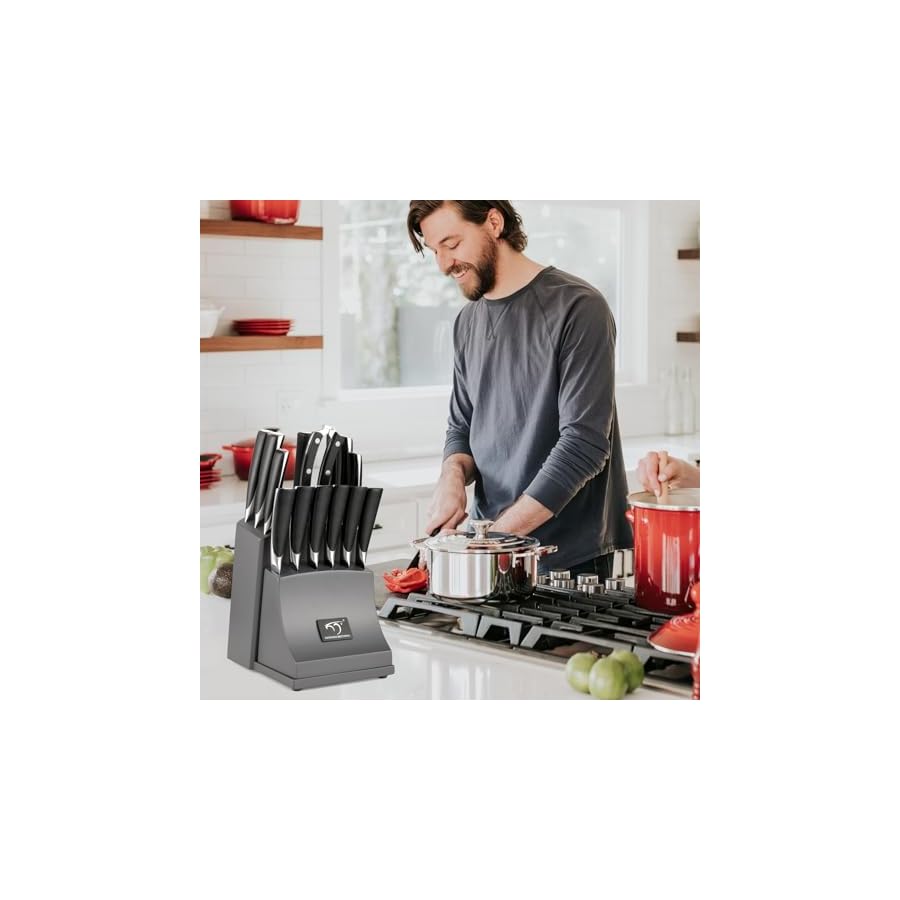 NF NANFANG BROTHERS Knife Set, 15-Piece Damascus Kitchen Knife Set with Block, ABS Ergonomic Handle for Chef Knife Set, Carving Fork, Disconnect-type Knife Block Set (Grey)