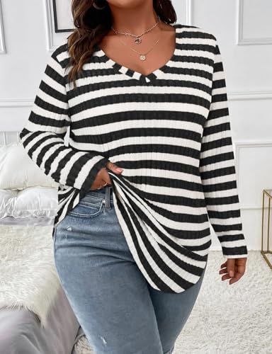 Image of Koscacy Women Plus Size Casual Knit Sweater V Neck Solid Color Tops Lightweight Long Sleeve Blouses