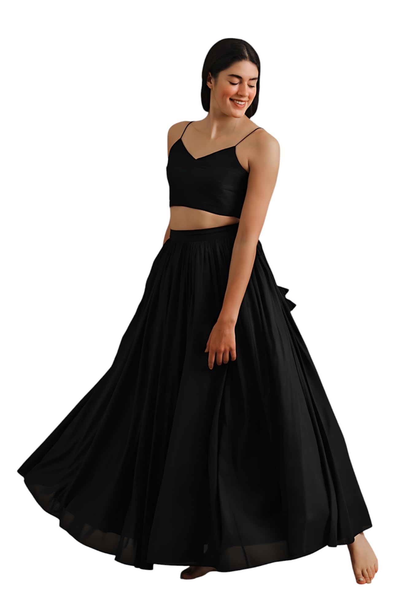 yasri fashion Premium Crepe Long Skirt, High-Waist Flared Design, Black-picture-55