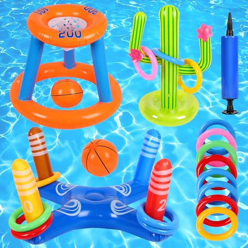 GIVOOBE 14PCS Juegos De Agua, Juguetes De Piscina, Juego De Juguetes De Piscina Adecuado para niños y Fiestas Familiares, Juguetes Que Incluyen Aros de Baloncesto y Lanzamiento de Aros