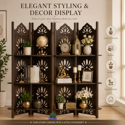 Image of Wooden Room Divider Partition with Display Shelves for Living Room | Foldable 4 Panel Decorative Privacy Screen Separator for Home, Office & Bedroom | (Brown with Shelves)