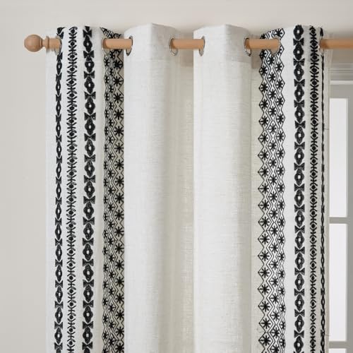 LOHUT Black Boho Curtains 84 Inch Length 2 Panels Set Faux Linen Embroidered Curtains for Living Room Light Filtering Drapes 84 Inches Long Grommet Window Treatment Black On Beige 2 Panels 55" W