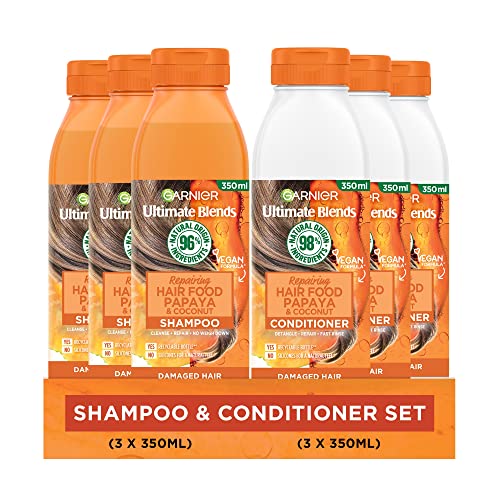 Image of Garnier Shampoo & Conditioner Set by Ultimate Blends, Repairing Papaya Hair Food for Damaged Hair,98 Percent Natural Origin Ingredients,3 x 350ml Shampoo and 3 x 350ml Conditioner,100% Vegan Formula