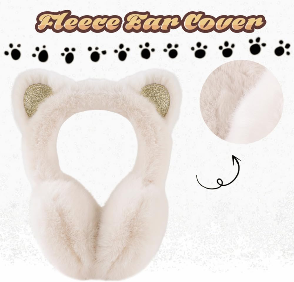 Peecabe Winter Kids Earmuffs Warm Girl Ear Muffs For Toddler Kid Children Earmuff with Cat Ears Girls Ear Warmer (Beige) - Image 3