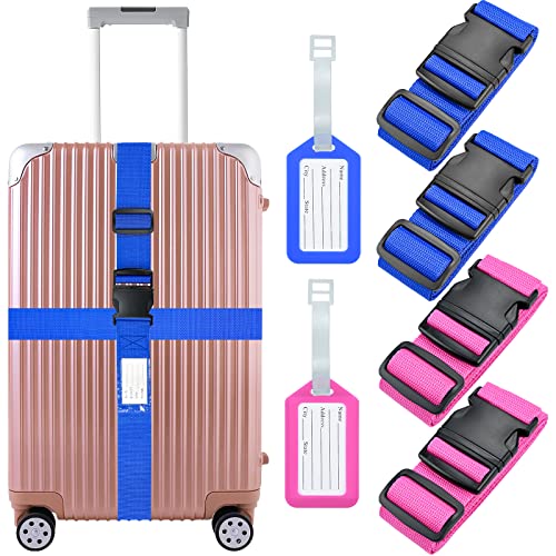 Lot de 4 sangles de valise, 4 sangles de 2 m avec 2 étiquettes de valise, sangle de valise, sangle de valise, sangle de valise antidérapante, bande de bagage pour valise Cover