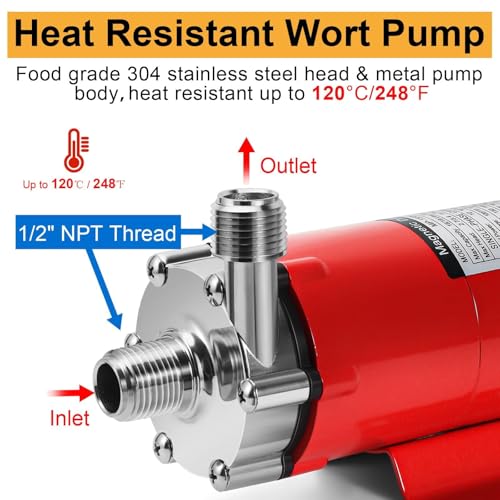 Image of Magnetic Beer Pump Wort Pump for Brewing, 304 Food Grade Stainless Steel Head Brew Pump Magnetic Drive Pump with Inline Switch, Beer Line Clamps & Quick Disconnect Set
