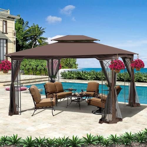 Outdoor Patio Gazebo Canopy Tent with Ventilated Double Roof and Mosquito net(Detachable Mesh Screen On All Sides),Suitable for Lawn, Garden, Backyard and Deck, (Brown)
