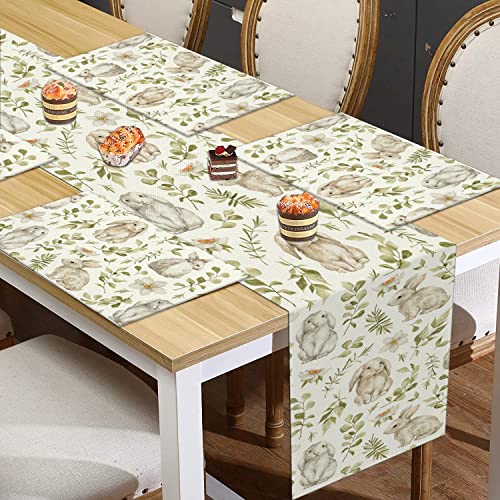 Easter Rabbits Table Runner 13X72 Inch,Bunny With Flowers Table Decors For Seasonal Spring Farmhouse Home Kitchen Dining Party 13X72 Inch #TOP4