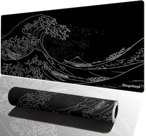 Ningchuya Alfombrilla de ratón XL para gaming   700x300mm   Bordes cosidos   Alfombrilla de escritorio para gamers   Base de goma antideslizante (70x30 Waveblack02)