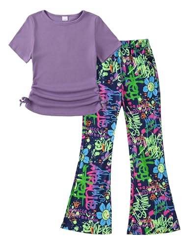 GEMLON Teen Girl Clothes Light Purple Ruched Short Sleeve Crew Rib Top Flowy Wide Leg Pants Sets Clothes for Girls 9-10