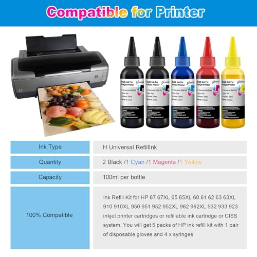 Image of 100ml Ink Bottles Compatible for HP Printer Ink Cartridges HP 67 67XL 60 61 62 63 65 65XL 910 950 951 952 962 932 933Refillable Ink Cartridges CISS System (Black, Cyan, Magenta, Yellow, 5PK)
