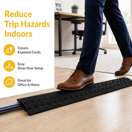 Image of 2 Pack Black Drop Over Cable Cover Ramp 40 x 5.3 x 0.9 Inch, Heavy Duty Cable Hose Protector Ramp with 1 Channel, High Load Capacity for Indoor Use, Office, Warehouse & Event Areas