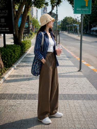 Image of CHICSTIT Women Cotton Wide Leg Trousers | Elastic Waist High Rise Palazzo Pants | Loose Fit /Straight Fit Casual Lounge Pants with Pockets