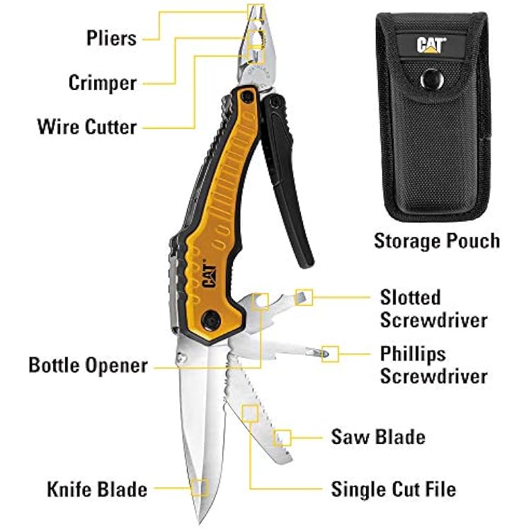 Caterpillar Multi Function Tool 9-in-1, X-Large, Long Nose Pliers, Wire Cutter, Knife, Bottle Opener, Screwdriver, Saw Blade, with Pouch - Yellow 980045