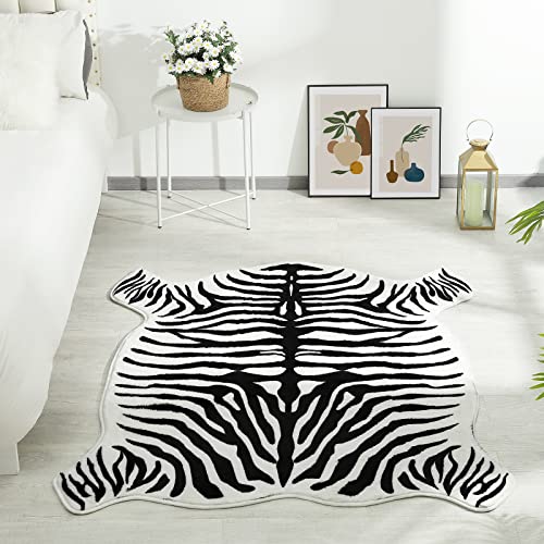 Falark Premium Zebra Print Rug, 4.6Ft X 5.2Ft Faux Fur Zebra Hide Rugs For Living Room Bedroom, Cute Animal Print Carpet Western Home Decor, Upgraded Luxury Soft Zebra Skin Area Rug, Black And White #TOP1