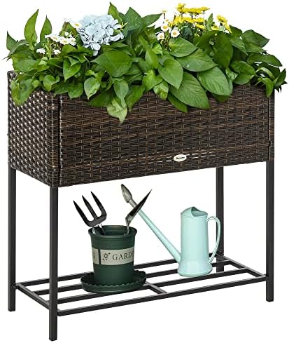 Outsunny Elevated Metal Raised Garden Bed with Rattan Wicker Look, Underneath Tool Storage Rack, Sophisticated Modern Design, Brown