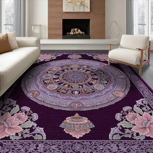 ODIKA 8'x10' Washable Traditional Medallion Large Rug, Gold Non-Shedding Pet Friendly Carpet Foldable Easy Care Mat for King Size Bedroom, Master Suite, Under Bed | Ref:2001487