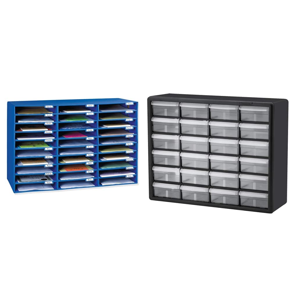 Classroom Keepers Sturdy Cardboard Mailbox, 30-Slot, Blue, 21" H x 31-5/8"W x 12-3/4"D & Akro-Mils 10124, 24 Drawer Plastic Parts Storage Hardware and Craft Cabinet, 20-Inch W x 6-Inch D x 16-Inch H